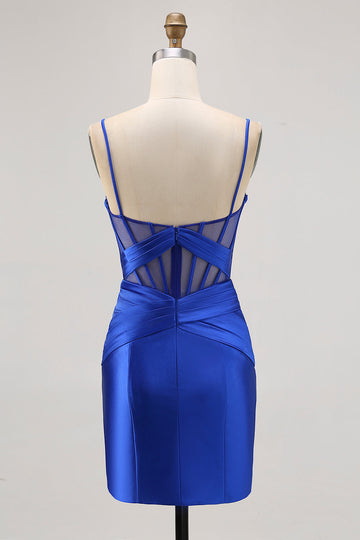 Royal Blue Satin Bodycon Ruched Short Corset Cocktail Dress with Slit